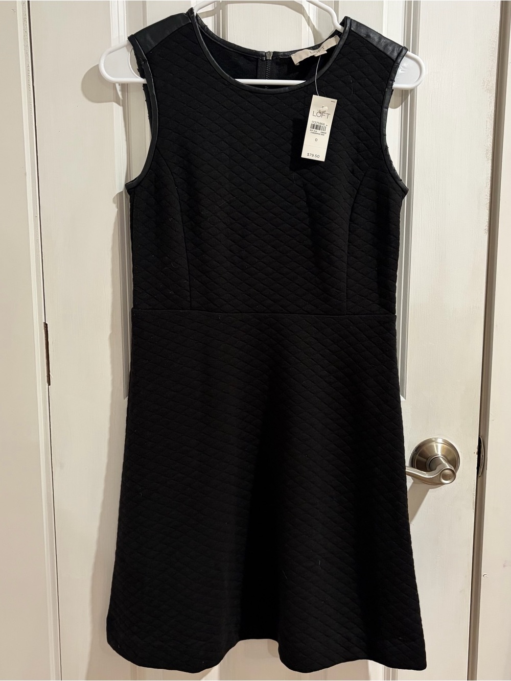 LOFT Black Quilted Sleeveless A-Line Dress with Leather Piping